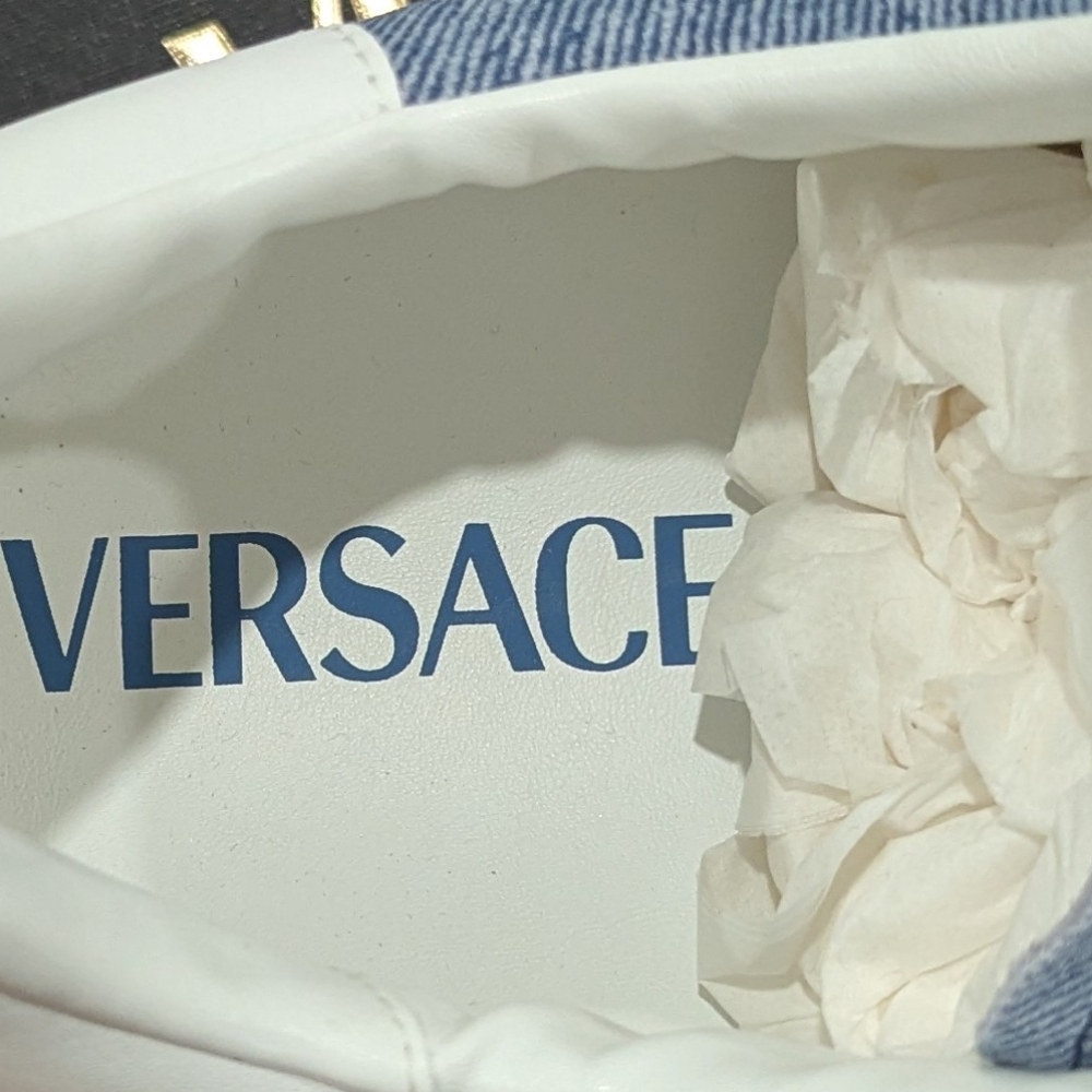 $925 VERSACE Odissea Greca Denim Look Suede Low-Top Sneakers Light Blue 45 US 12 - Picture 8 of 10
